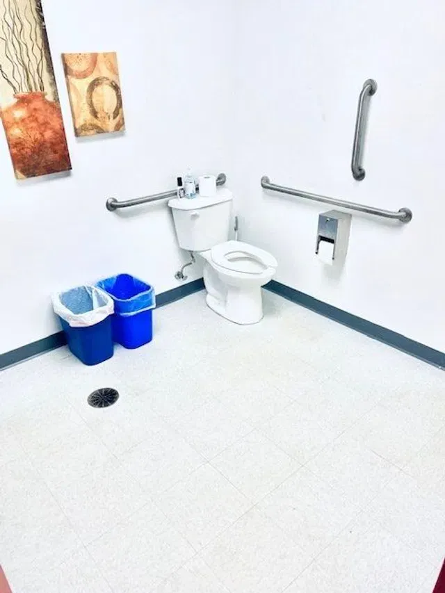 Brightly finished accessible restroom with clean fixtures and blue bins