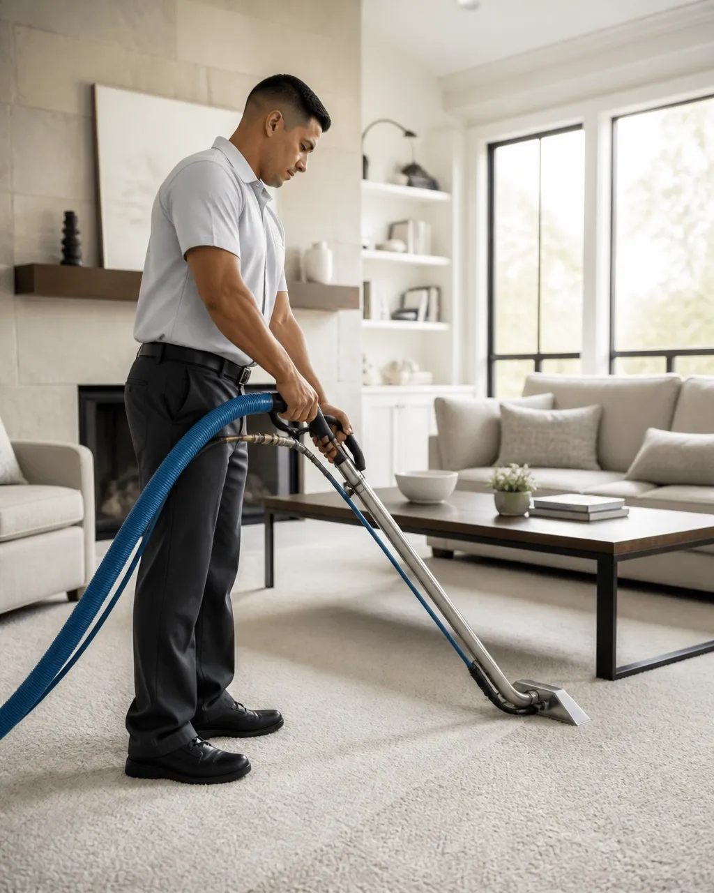 Technician steam-cleaning a pale carpet in a bright living room